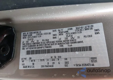 2017 Ford F-150 Limited from USA, damaged, VIN 1FTEW1EG0HFC76655